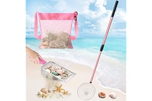 Liliful 3 Pcs Shelling Tools for Beach 28" Shark Tooth Sifter Long Handle Beach Sand Sifter Mesh Shovel with Seashell Bags Detachable Shell Scooper for Boys Girls(Pink)