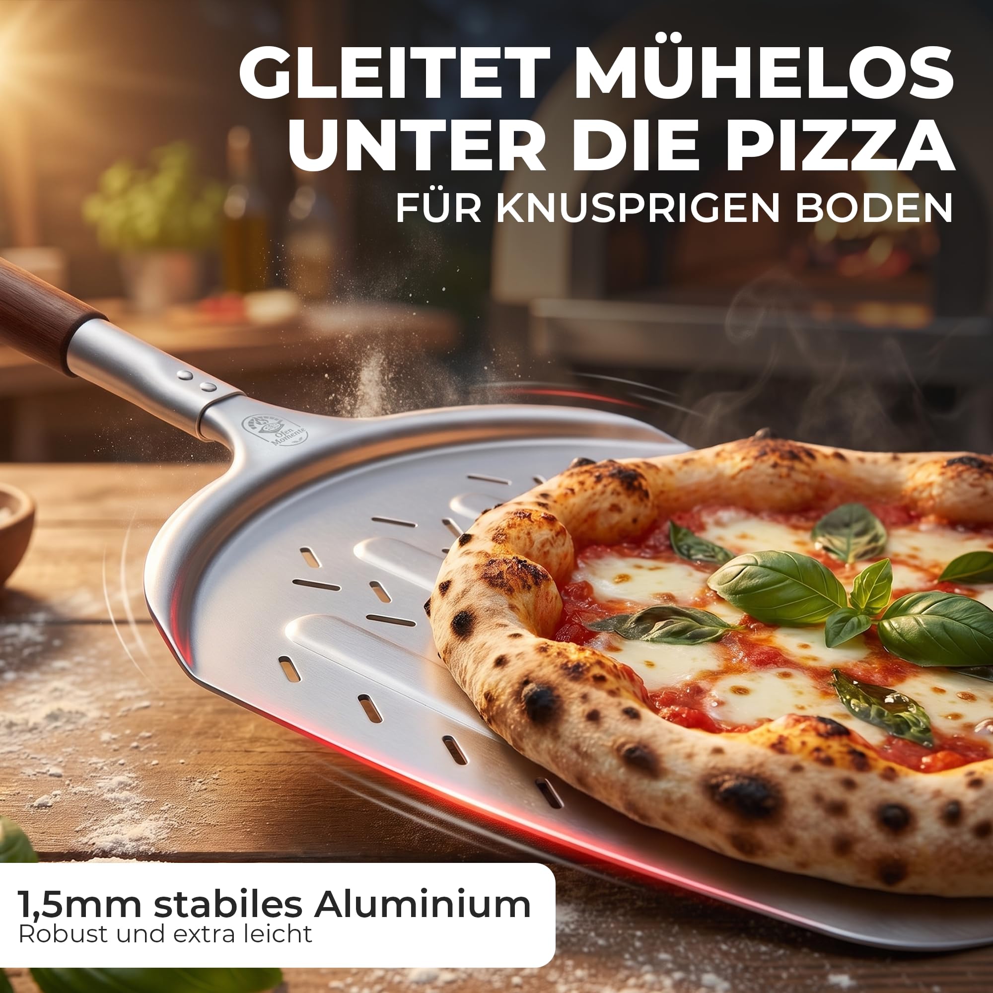 OfenMomente® Pizzaschieber 12 Zoll (30 x 30 cm) - perforierte Pizzaschaufel aus eloxiertem Aluminum mit Akazienholzgriff - Leichter Pizzaheber für Pizzaofen, Gasgrill, Steinofen, Backofen & Grill 4