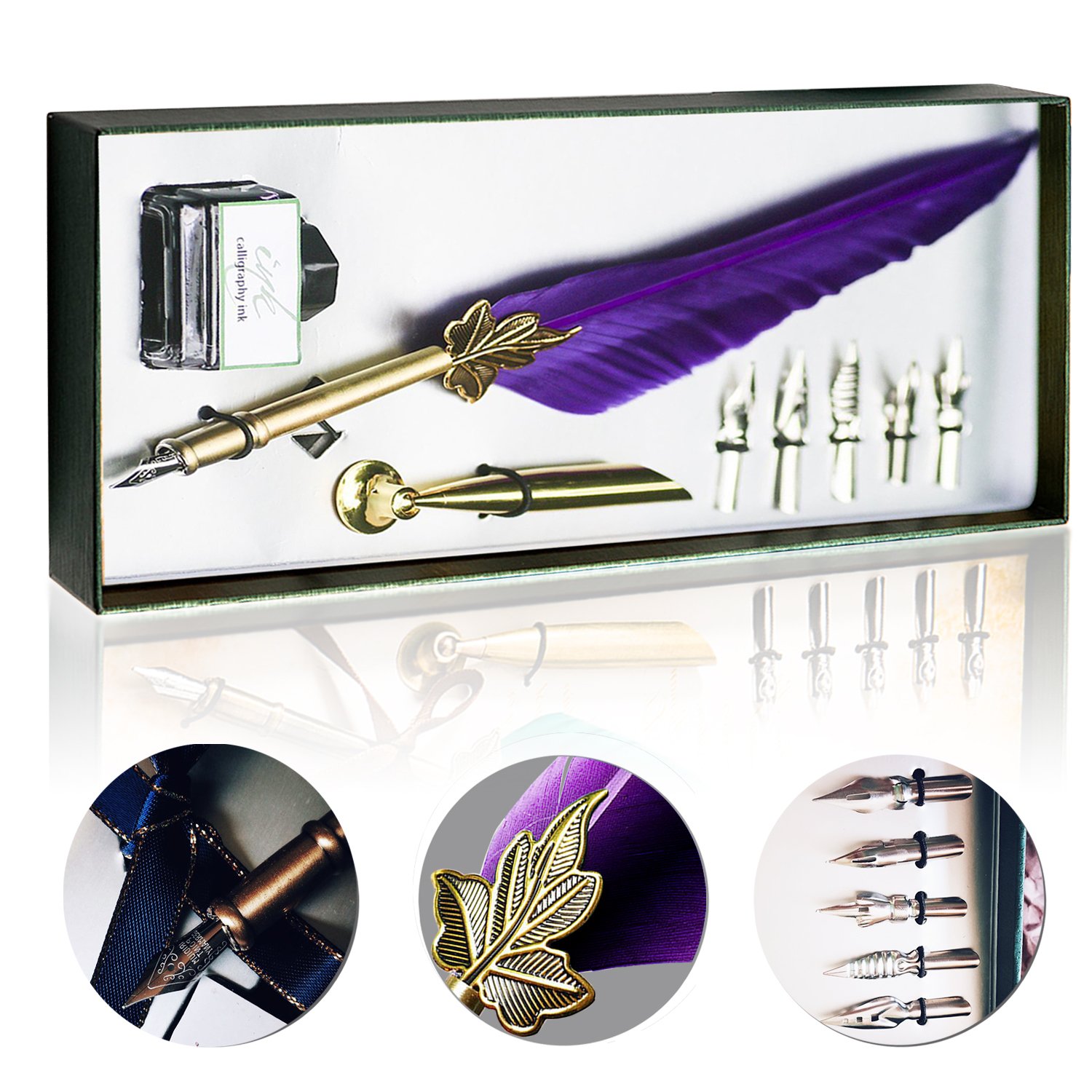 Feather Pen Set, Glodeals Feather Quill Pen Set Antique Dip Feather Pen Calligraphy Writing with