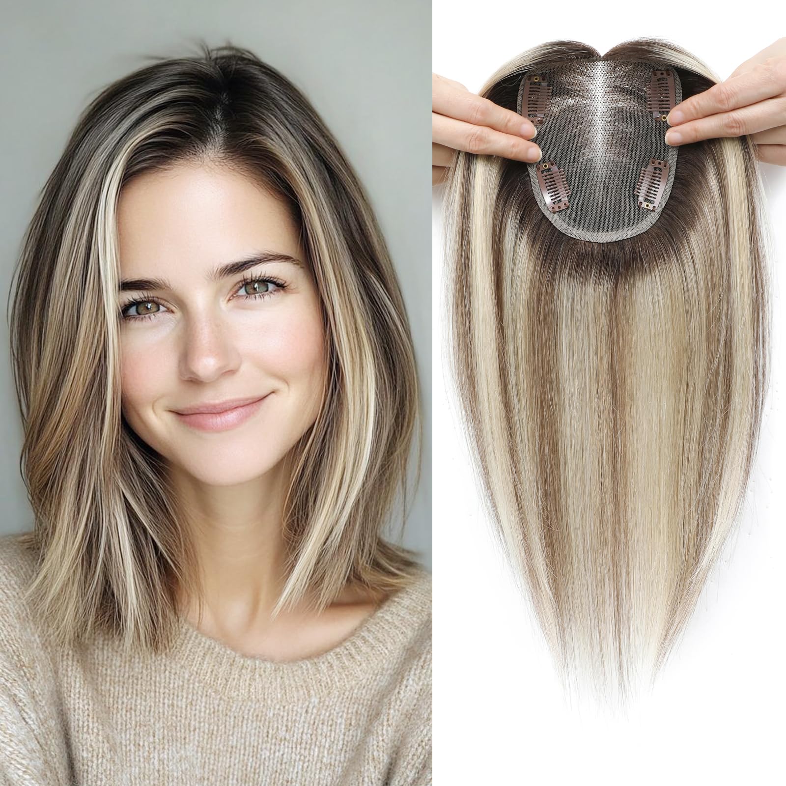 Lasunork Human Hair Toppers for Women, Real Hair 40g, Upgrade Lace Base, 12inch (Ombre Light Brown with Blond Highlight, 12 Inch) — image 1