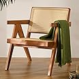 MoomJiee Rattan Accent Chair,Boho Accent Chair Mid Century Modern Cane Side Chairs, Armrest Reading Chair with Rubberwood Frame for Living Room Bedroom Balcony Patio,Teak