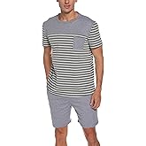 Reliwel Men's Pajama Set Cotton Pajamas Striped Short Sleeve & Shorts Pjs Sets Sleepwear Summer Lounge Set with Pockets