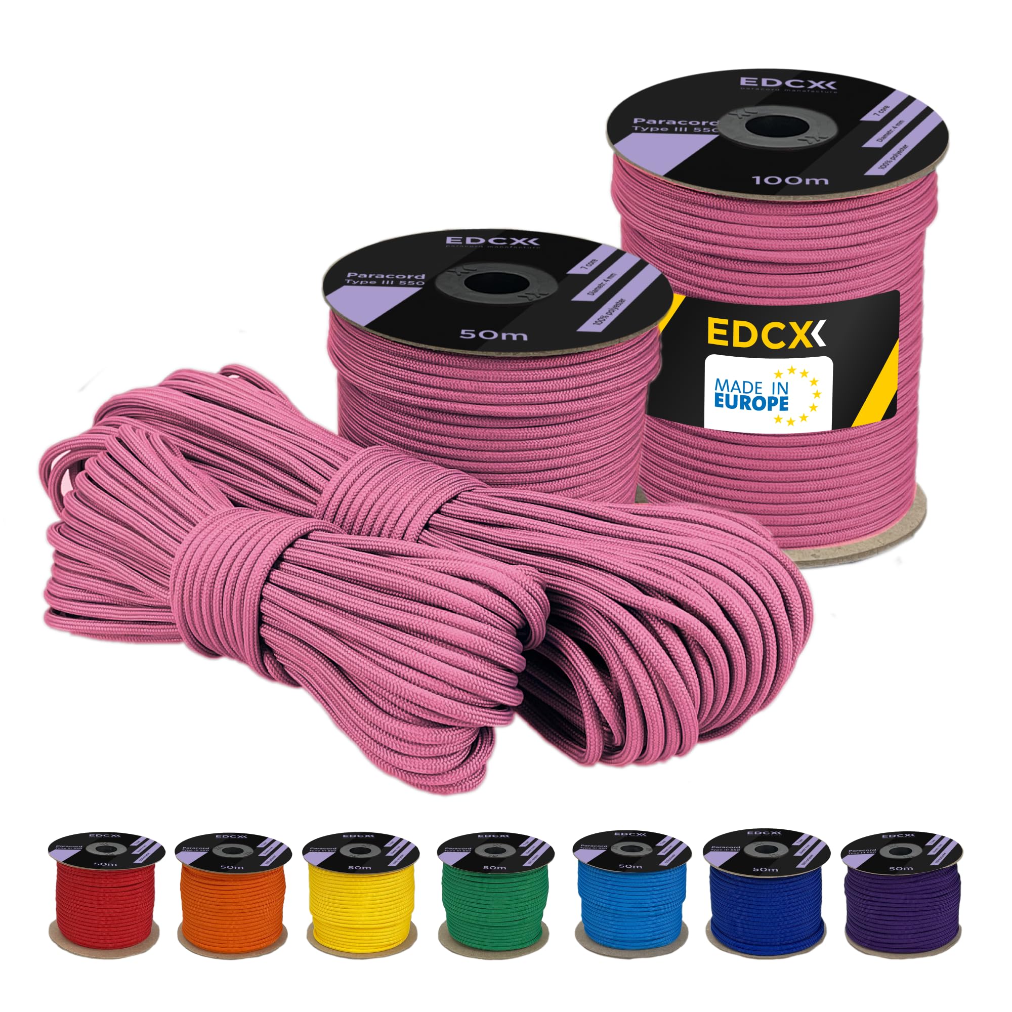 EdcX 4 mm Polyester Paracord 550 (15, 30 and 50 m) – 4 mm Type III, Tear-Resistant Parachute Cord for Survival Made of 100% Polyester with 7 Wires | Solid Colours (Pink, 50 m)
