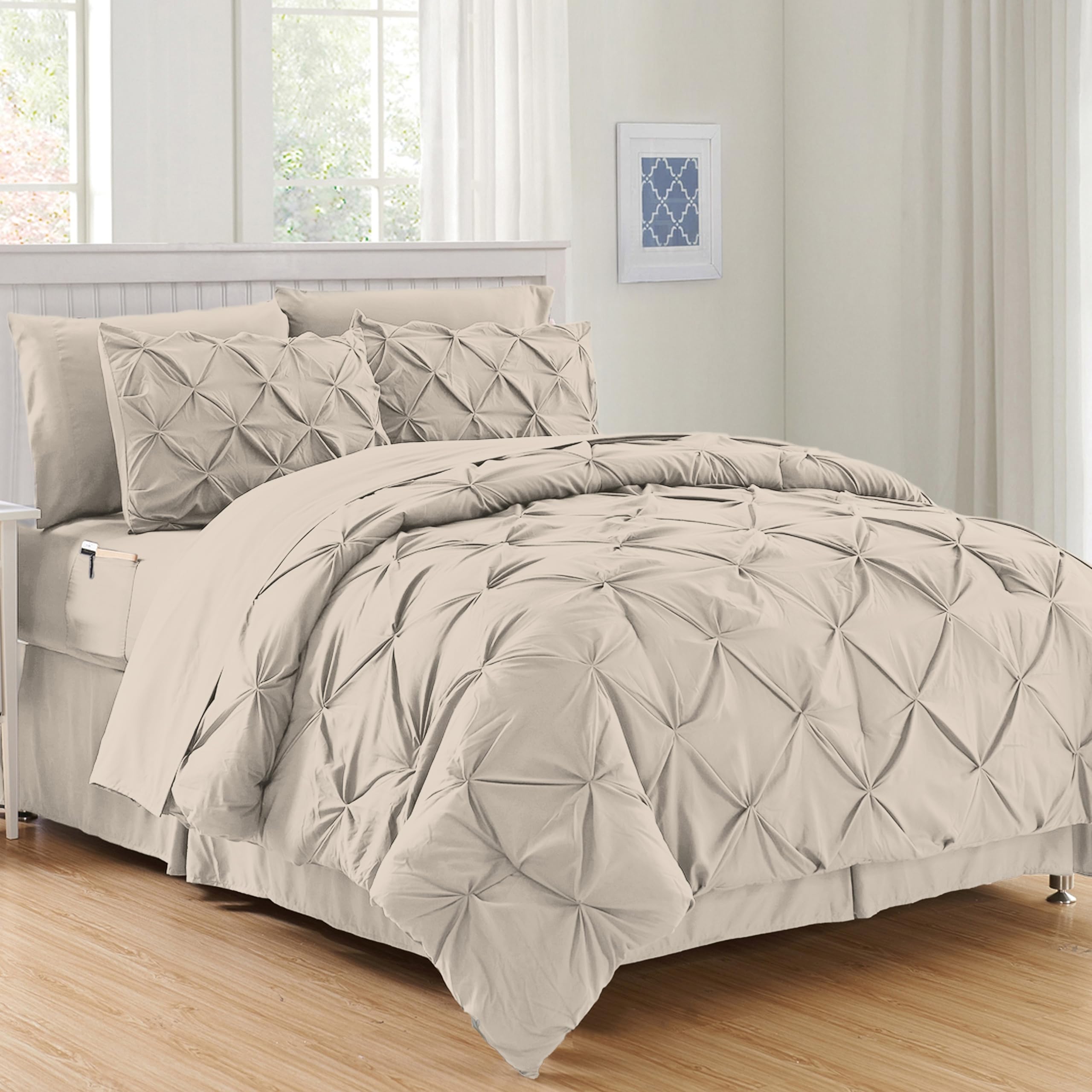 Elegant Comfort Luxury Softest, Coziest 8-Piece Bed-in-a-Bag Comforter Set - Silky Soft Complete Set Includes Bed Sheet Set with Double Sided Storage Pockets, Twin/Twin XL, Linen Image