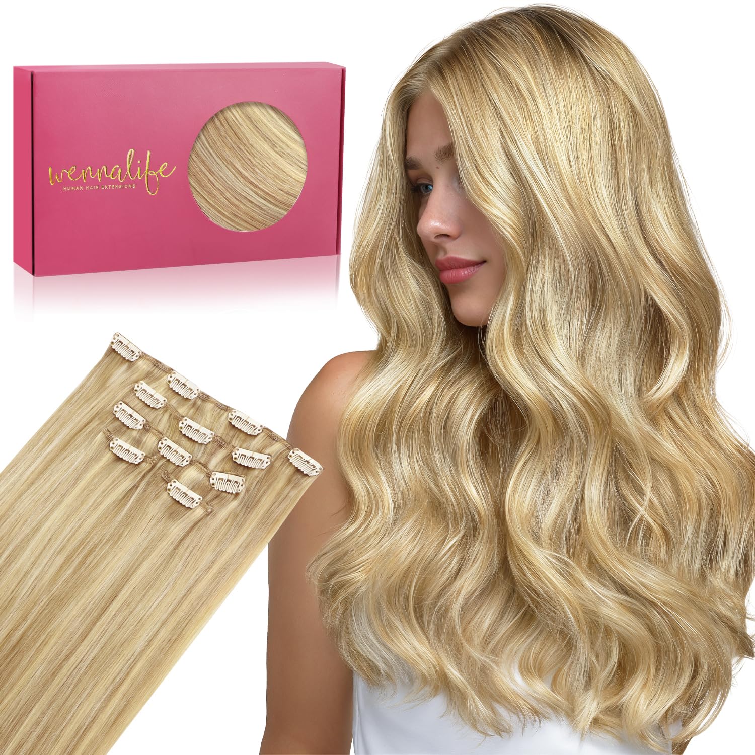 Wennalife Clip In Hair Extensions, 16 Inch 75g 5pcs Light Blonde Highlighted Golden Blonde Hair Extensions Clip In Real Hair Remy Human Hair Extensions Natural Silky Clip In Human Hair Extensions — image 1