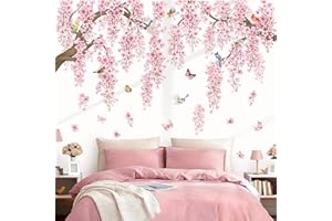 wondever Large Pink Flowers Tree Branch Wall Stickers Cherry Blossom Floral Birds Peel and Stick Wall Art Decals for Living R