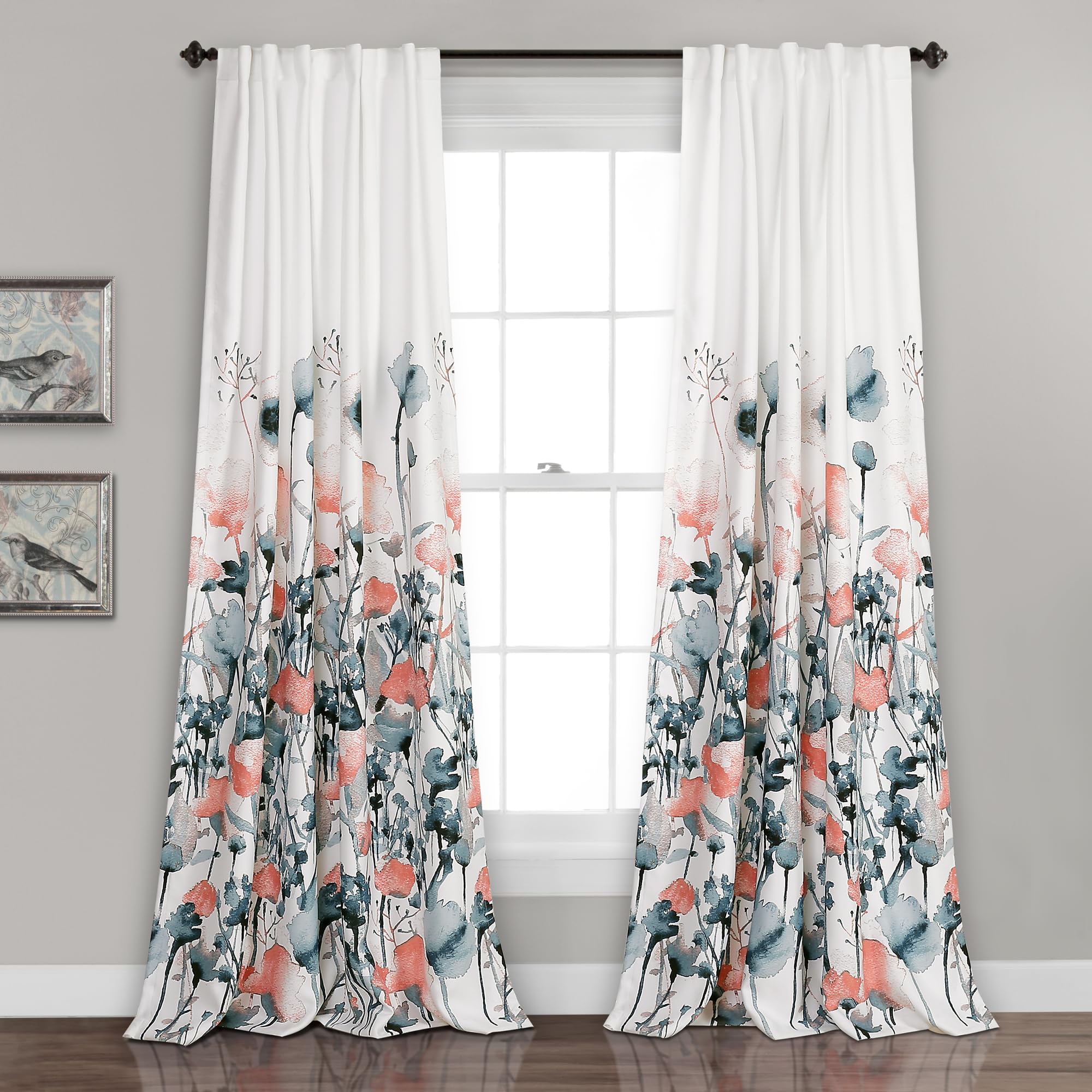 Lush DÉCOR Zuri Flora Curtains Light Filtering Window Panel Set for Living, Dining, Bedroom (Pair), 84 x 52 in, Blue and Coral, 2 Count