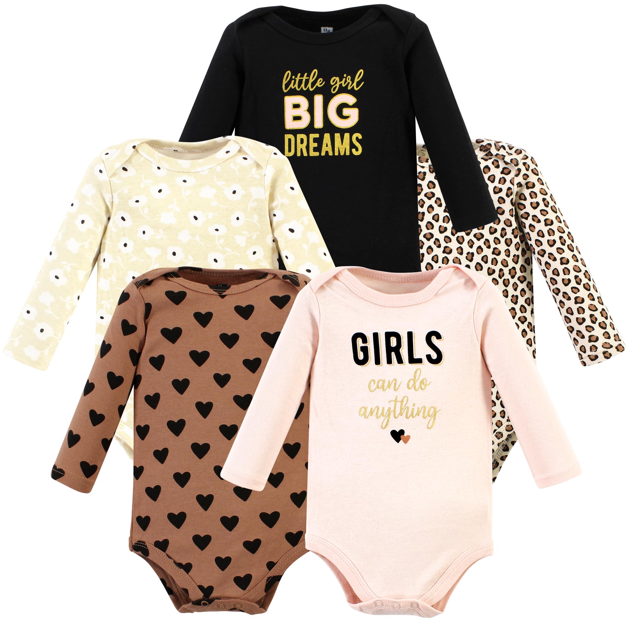 Hudson Baby Unisex Baby Cotton Long-Sleeve Bodysuits, Cinnamon Hearts 5 Pack, 9-12 Months