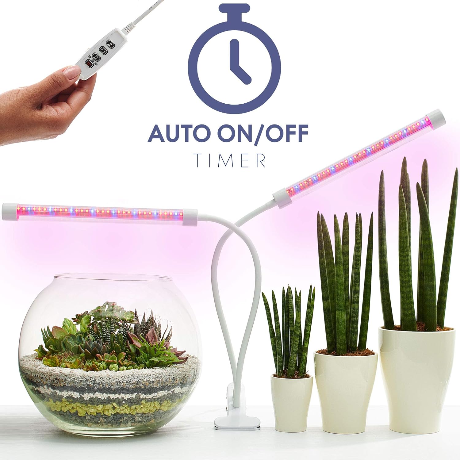 Plant Light - Auto Turn ON Version – 18W 64 LED Premium Waterproof Grow Lights for Indoor Plants - Red-Blue Spectrum Dual Head Dimmable Grow Lamp Bulbs with Timer - Adjustable Gooseneck[2019 Upgraded]