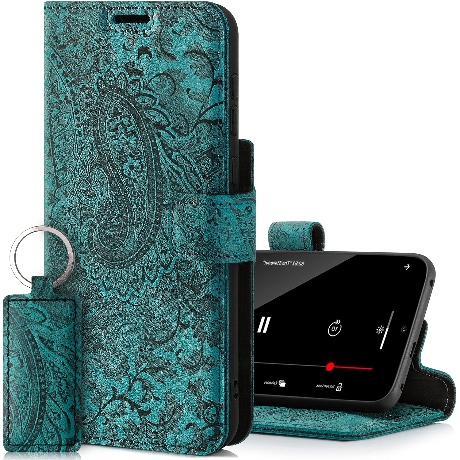 SURAZO Prestige Leather Case for Apple iPhone 13 Pro Max - RFID Wallet Flip Cover with 3 Card Slots & Cash Pocket - Secure Magnetic Closure & Kickstand - Real Leather Folio Bumper (Ornament Turquoise) — image 1