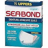 Sea Bond Secure Denture Adhesive Seals, Original Uppers, Zinc-Free, All-Day Hold, Mess-Free, 15 Count