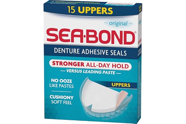 Sea Bond Secure Denture Adhesive Seals, Original Uppers, Zinc-Free, All-Day Hold, Mess-Free, 15 Count