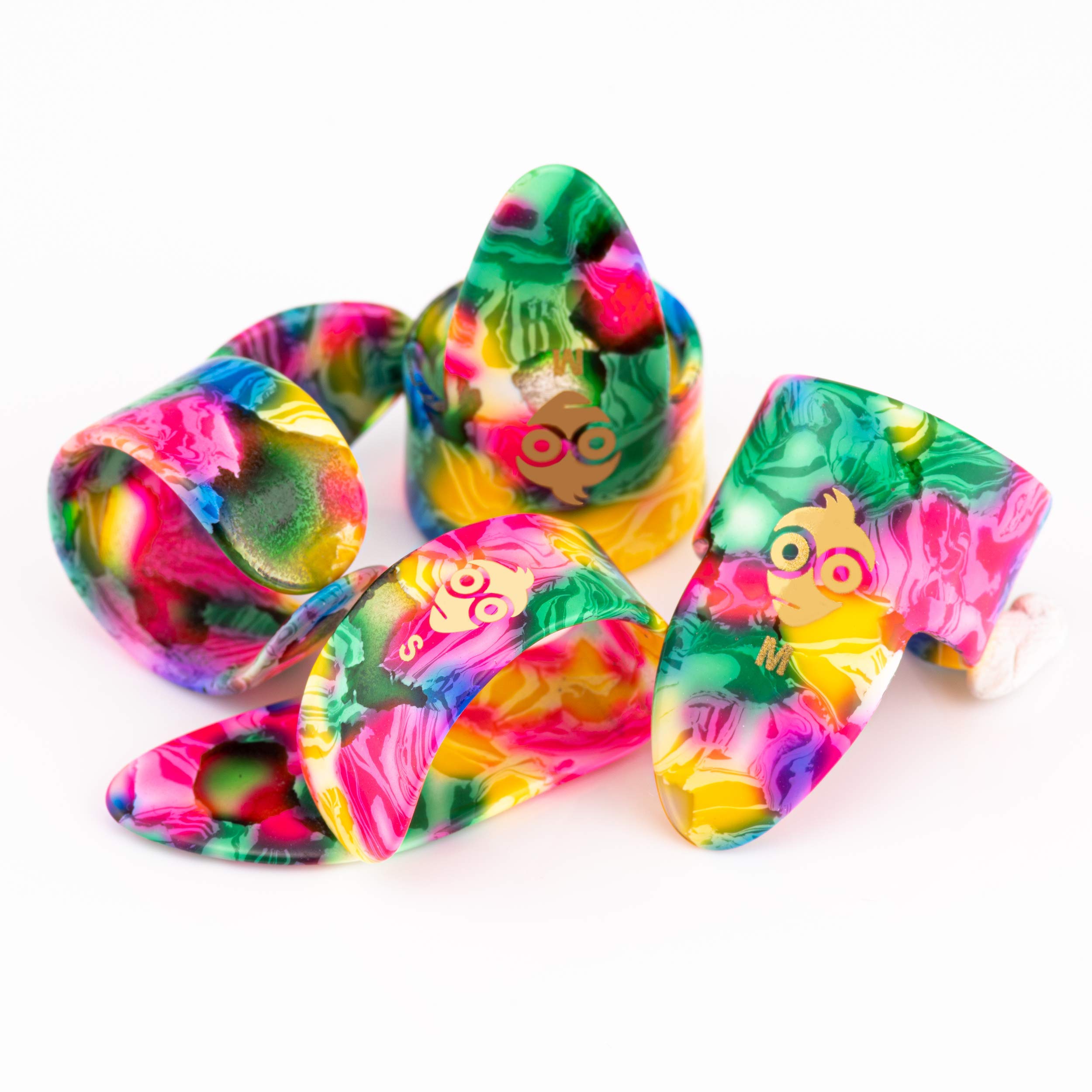 Geek Finger and Thumb Pick Set | Multi-colour Celluloid Thumb & Finger Picks (1+3) | Small Size | Includes Linen Bag & Kraft Box