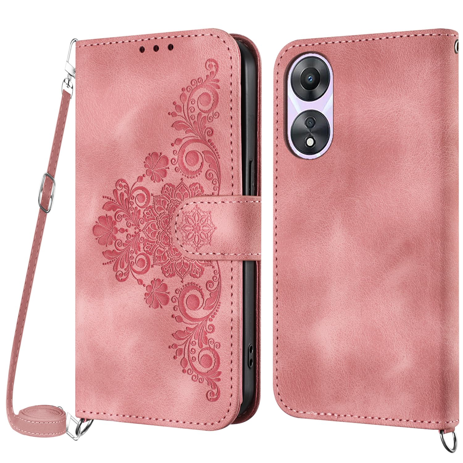 Netany Lanyard Case for OPPO A18 4G/ A38 4G, PU Leather Wallet Phone Case with Adjustable Crossbody Lanyard Strap, Card Holder Kickstand Magnetic Flip Folio Case Cover for OPPO A18 4G/ A38 4G (Pink)
