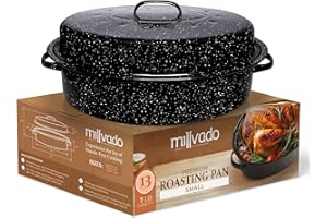 Millvado Roasting Pan With Lid, Turkey Roaster Pan, 13" Granite Oven Roaster Oval Shaped Speckled Enamel on Steel Cookware