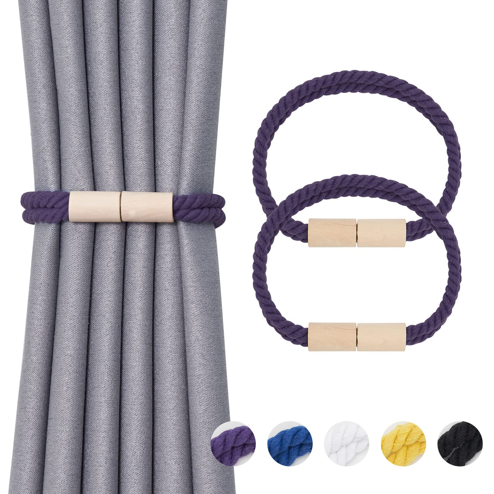 Pretty Jolly 2 Pack Wooden Magnetic Curtain Tiebacks Boho Decoration Drape Tie Backs Natural Cotton Handmade Double Rope Curtain Holdbacks for Thin & Thick Home & Office Window Drapery (New Purple) — image 1