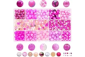 KEIP TAOUN DIY Bulk Acrylic Gradient Bubble Bead Kit - Rose Pink, 1000pcs Assorted Beads, 10 Different 8mm Glass Beads, 200pcs 6mm Bicone Crystal Beads