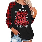 Believe Christmas T-Shirt Women Believe in The Magic of Christmas Plaid Shirt Baseball Raglan Splicing Tee Tops