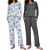 Ekouaer 2 Pack Womens Pajama Sets Long Sleeve Pjs Lounge Set Soft Comfy Sleepwear Winter Loungewear