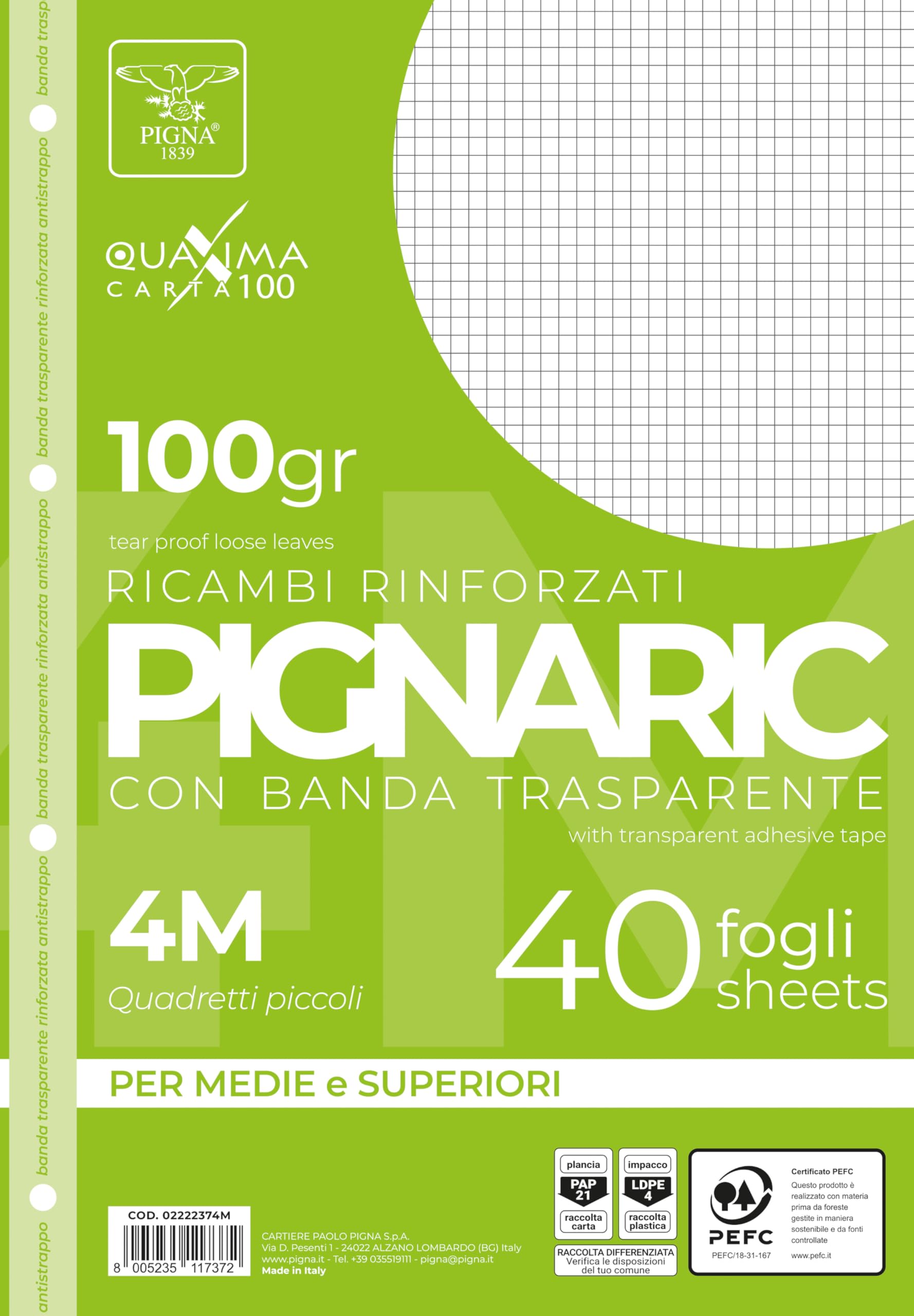 Pigna 02222374M, Replacement with Reinforced Band, 4M Strip, 4mm Squares for 4th and 5th Grade Medium and Above, 100gsm Paper, 40 Sheets