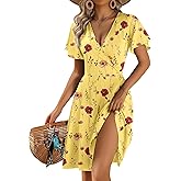 Zeagoo Womens Summer Sundress Ruffle Short Sleeve Casual Dresses V Neck Floral Wrap A-Line Party Dress with Pockets