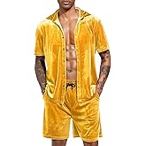 LecGee Men Summer Casual Short Sets Velvet Short Sleeve Button Down Shirt Elastic Waist Shorts 2 Piece Outfits Tracksuit