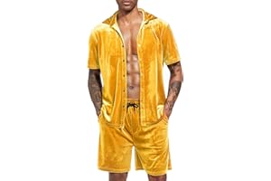 LecGee Men Summer Casual Short Sets Velvet Short Sleeve Button Down Shirt Elastic Waist Shorts 2 Piece Outfits Tracksuit