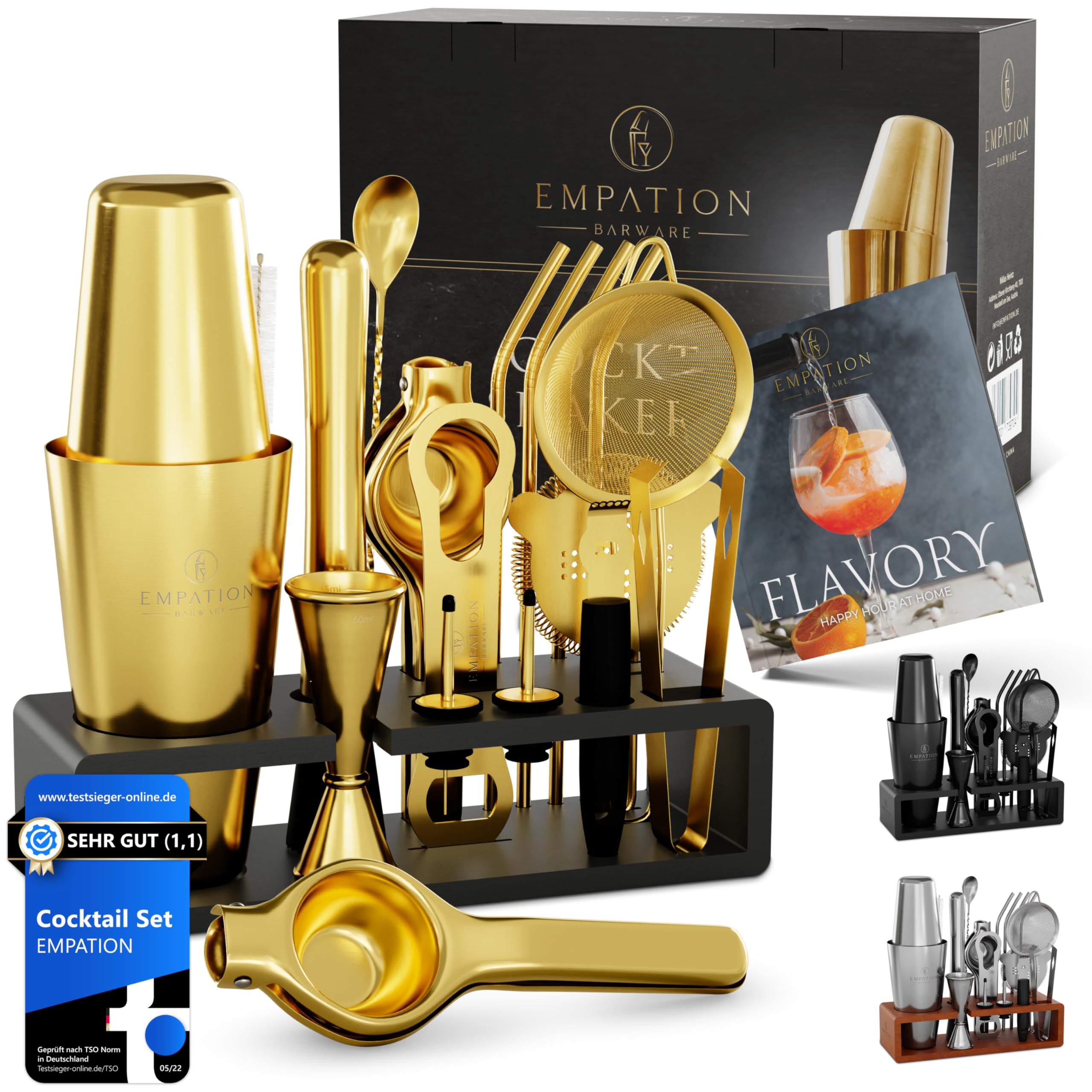 EMPATION Cocktail Making Kit Gold, 825ml Cocktail Shaker, 18 Piece Cocktail Set, Boston Cocktail Shaker Set without jamming, Cocktail Kit for Pros & Beginners, Bartender Kit, Cocktail Maker Set