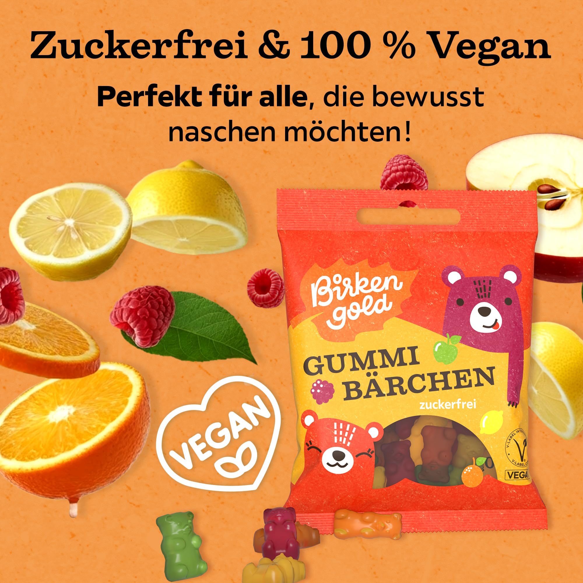 Birkengold zuckerfreie Gummibärchen | 10x50g | vegan | ohne Gelatine | mit Maltit & Xylit gesüßt | Weingummi zuckerfrei | natürliche Inhaltsstoffe | zuckerfreie Süßigkeit ideal für Kinder 5
