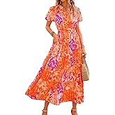 MASCOMODA Summer Maxi Dresses for Women 2026 Casual V Neck Puff Short Sleeve Smocked Flowy Beach Boho Long Floral Dress