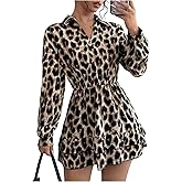 GORGLITTER Women's Leopard Print Dress Cheetah Long Sleeve Ruffle A Line Birthday Cocktail Wedding Guest Mini Dresses
