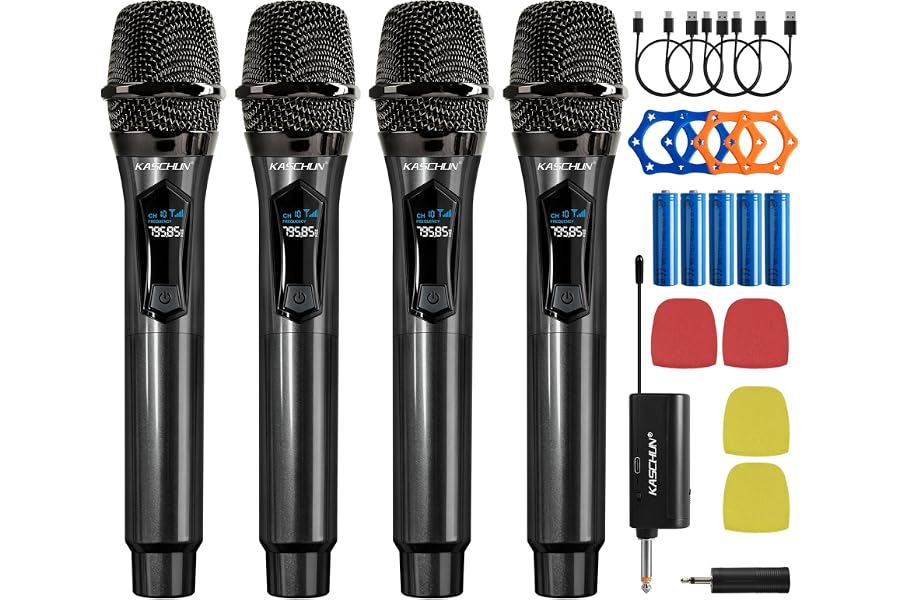 Kaschun Wireless Microphone, 4 Rechargeable Handheld Dynamic Mics System | 200FT Range, Plug & Play, 10hr Battery, Karaoke Mics Set for Karaoke, Church, Wedding, Home Party, Group Singing