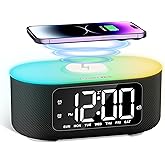 JALL Fabric Alarm Clock for Bedroom, with Big Led Screen Display, Bluetooth Stereo Sound Speaker, FM Radio, Fast Wireless Charging, USB Charging Port, Nightlight, White Noise, Ideal for Gift, Black