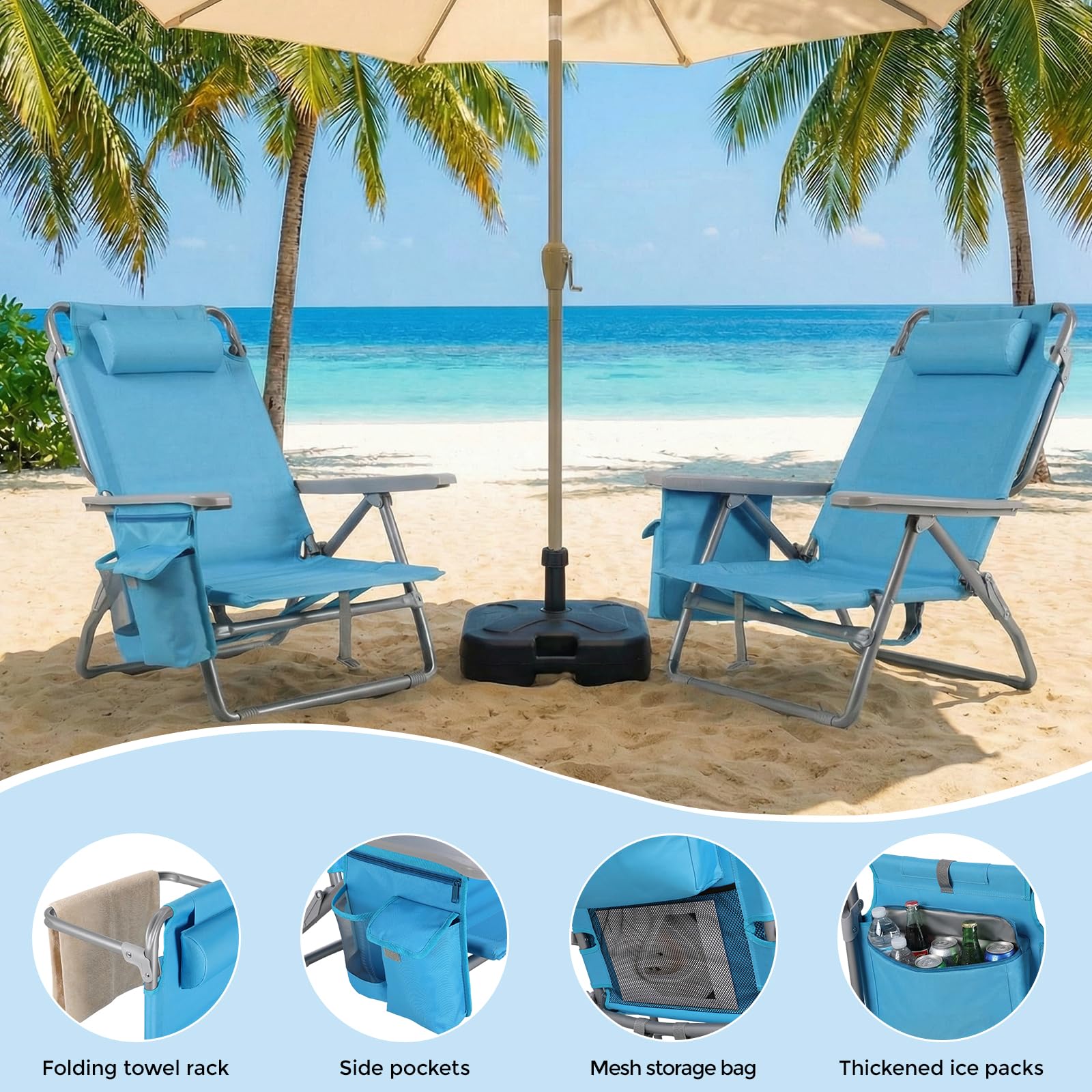 LIFERUN Strandstuhl Klappbar Leicht 2er Set, Rucksack Klappstuhl Strand, Campingstuhl Kann Flach Liegen,bis 150 kg belastbar, Outdoor Faltstuhl mit Verstellbarer Hohe Rückenlehne, Eisbeutel,Blau 6