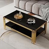 Maotifeys Black Glass Coffee Table with Storage Shelf and Shiny Gold Legs | 47" Rectangle 2-Tier Glass Coffee Table for Living Room, Modern Luxury Black Tempered Glass Top, Gold Stainless Steel Frame
