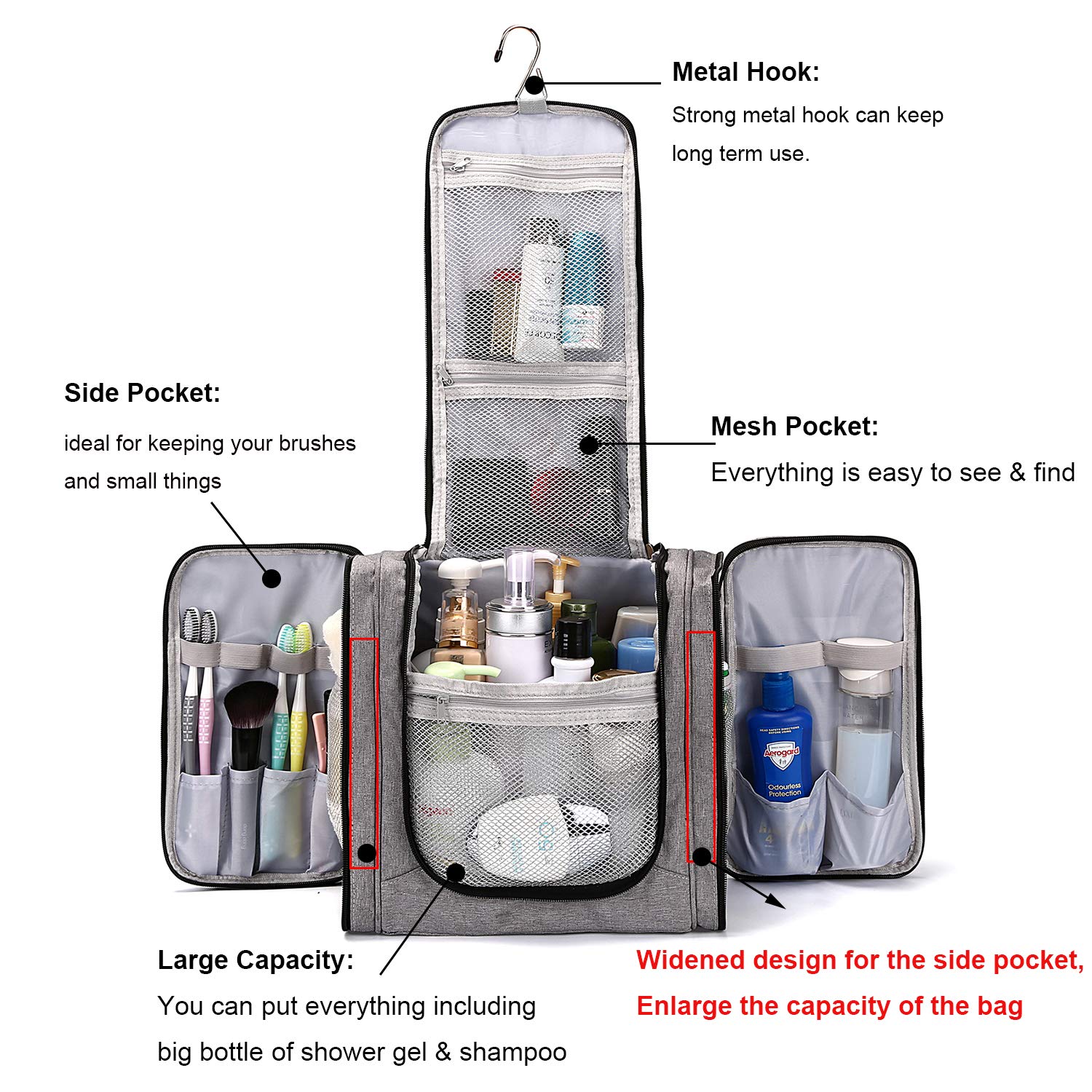 Large Hanging Travel Toiletry Bag for Men and Women Waterproof Makeup Organizer Bags wash bag Shaving Kit Cosmetic Bag for Accessories, Shampoo, Bathroom Shower, Personal Items Grey/Black : Beauty