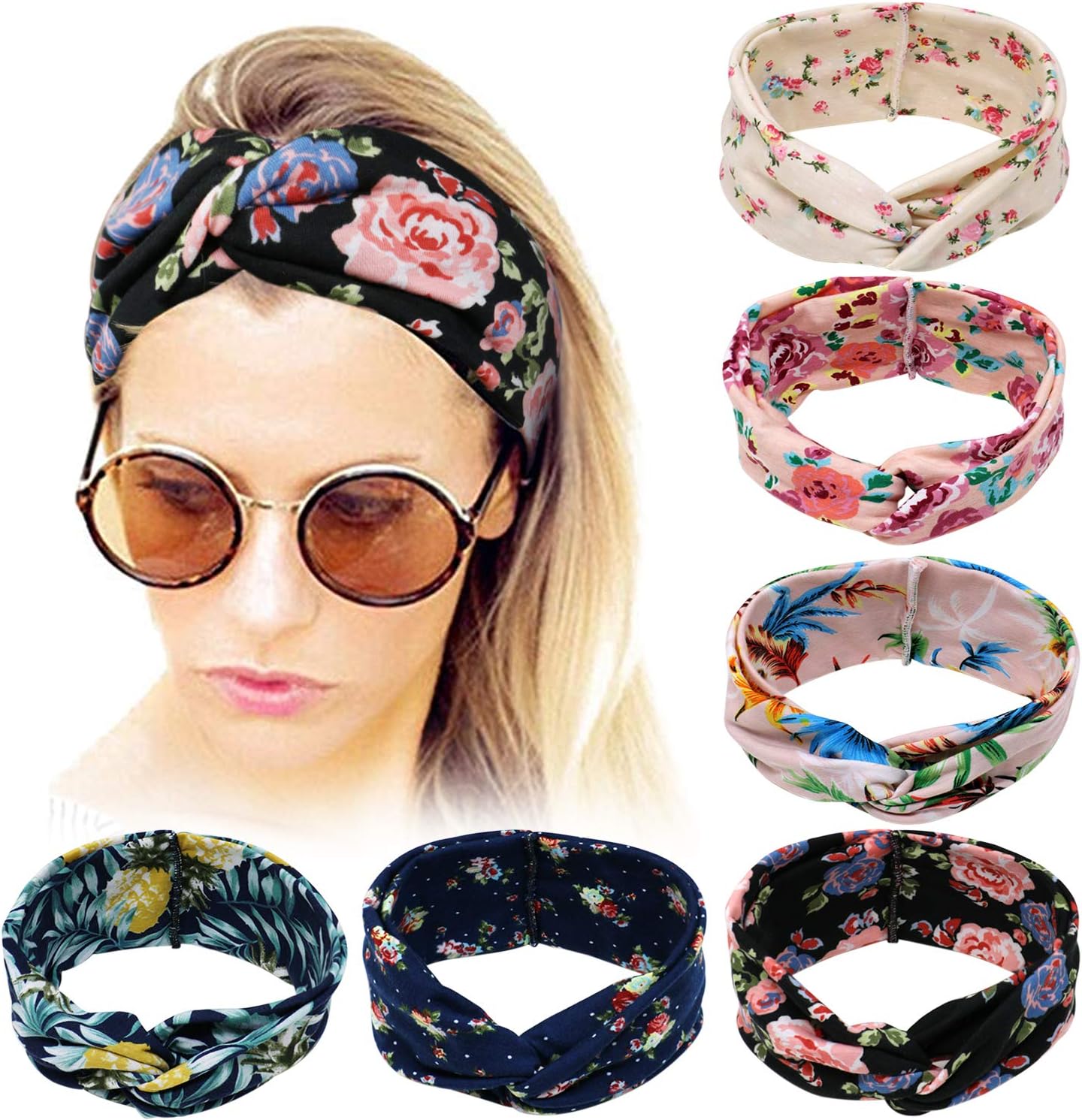 6pcs Headbands for Women Vintage Elastic Floral Turban Headband Twisted Head Wraps Ladies Stretchy Cross Knot Hairband Hair Accessories
