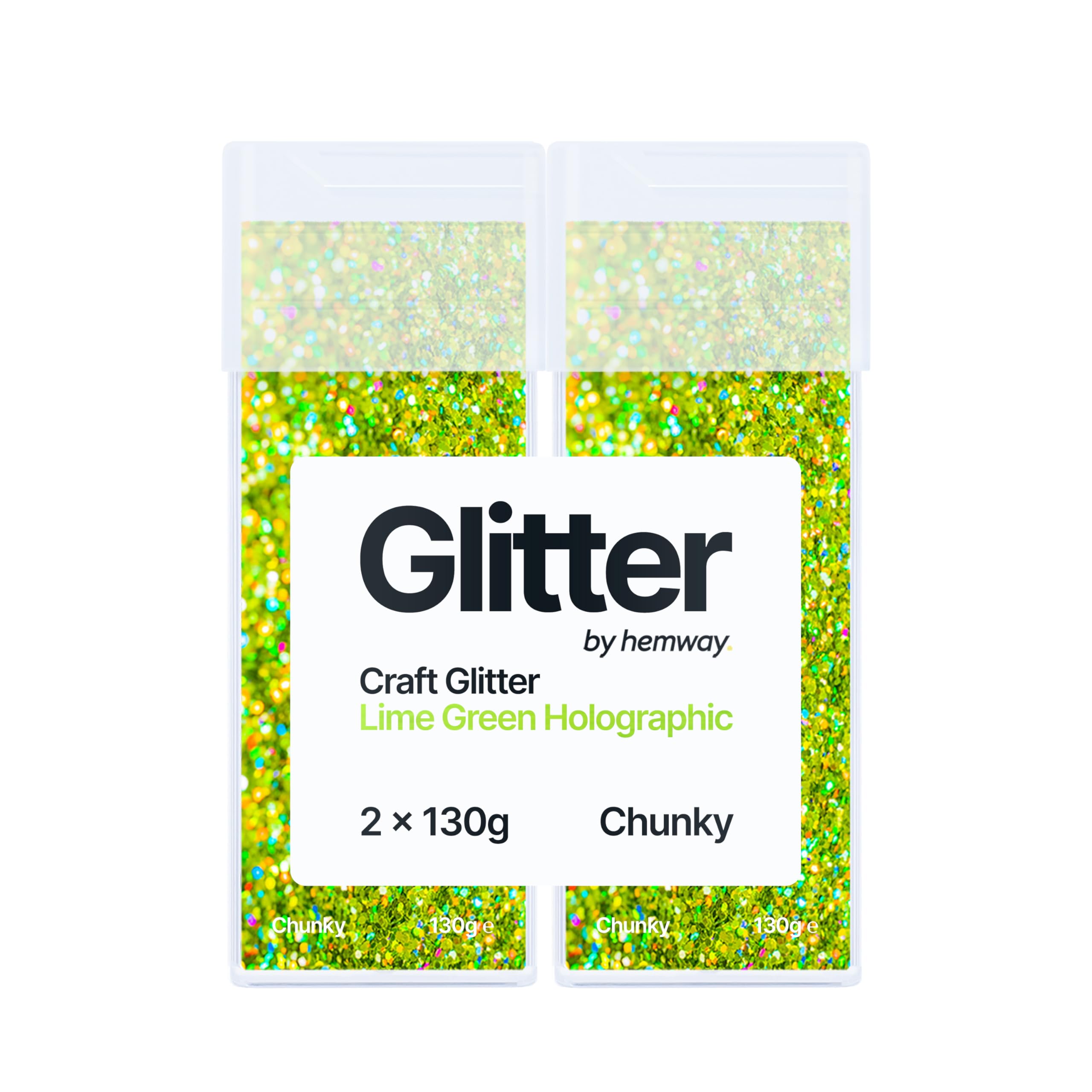 Hemway Glitter Shaker Lime Green Holographic 130g x2 Pack Chunky, Craft Glitter Shakers for Resin & Epoxy Crafts, Christmas Art Supplies, Nail, Body, Face, Eye, Festival, Crafting, Slime, Sparkle