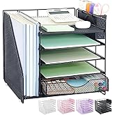 OUTIOE Desk Organizer with Drawer and Pen Holder, 5-Tier Paper Letter Tray Organizer with File Holder, Suitable for Workspace Organizer Office Supplies Storage (Black)