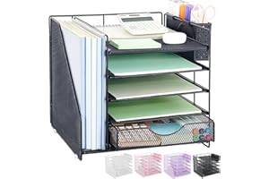 OUTIOE Desk Organizer with Drawer and Pen Holder, 5-Tier Paper Letter Tray Organizer with File Holder, Suitable for Workspace Organizer Office Supplies Storage (Black)