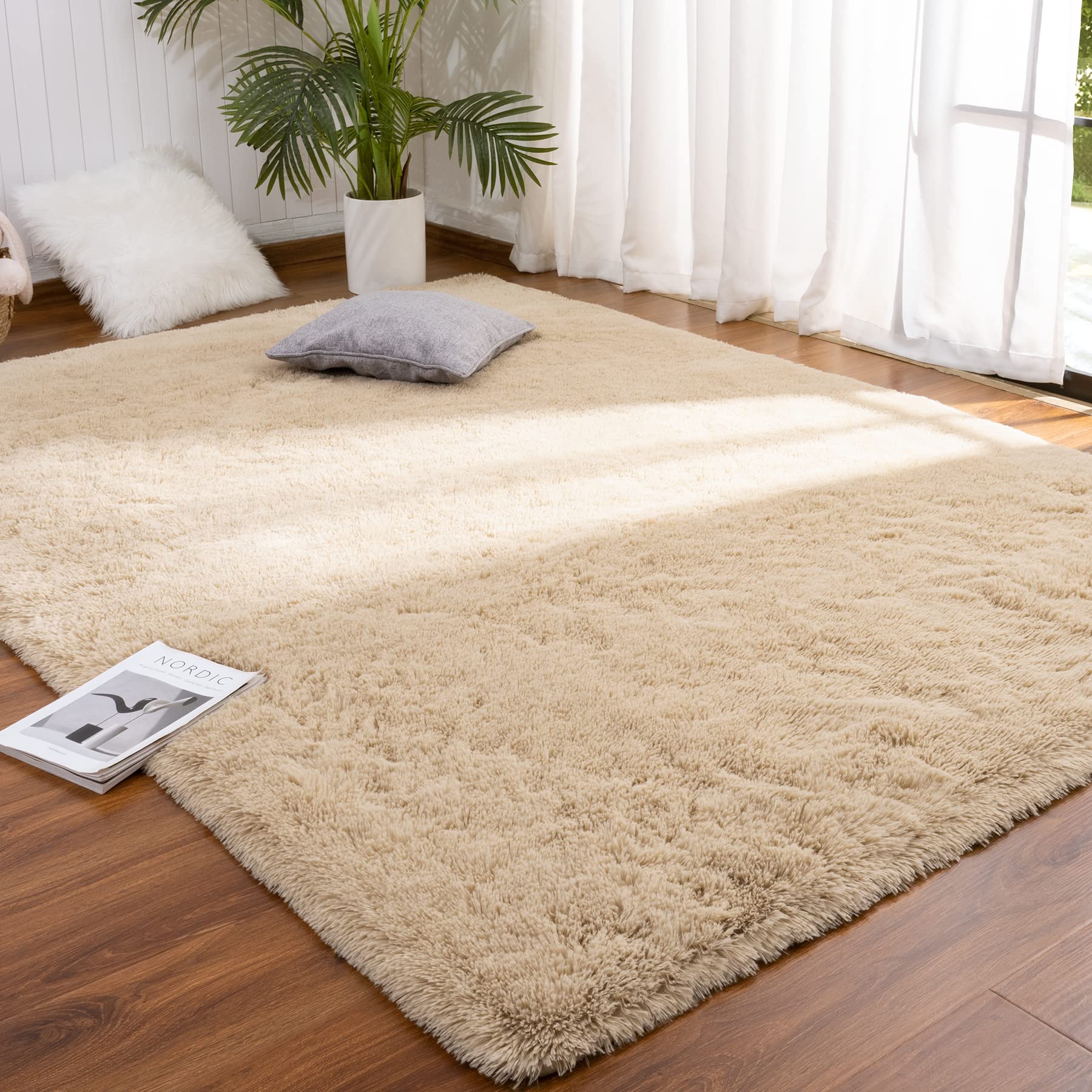 Photo 1 of DETUM Beige Bedroom Rug 4X6 Rugs for Bedroom Dining Room Fluffy Living Room Rug Washable Shag Rug Nonslip Area Rug Modern Home Decoration, Light Tan