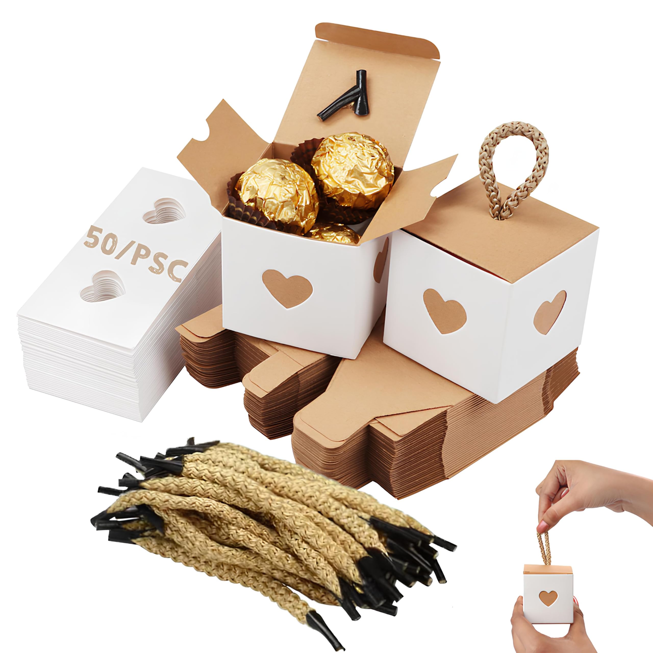 50 Pieces Kraft Paper Gift Box, Mini Gift Boxes for Presents, Paper Gift Candy Box, 5.5 x 5.5 x 5.5cm Folding Kraft Paper Box, with Heart-Shaped Window for Chocolates Nuts Sugar, Wedding Party Gifts