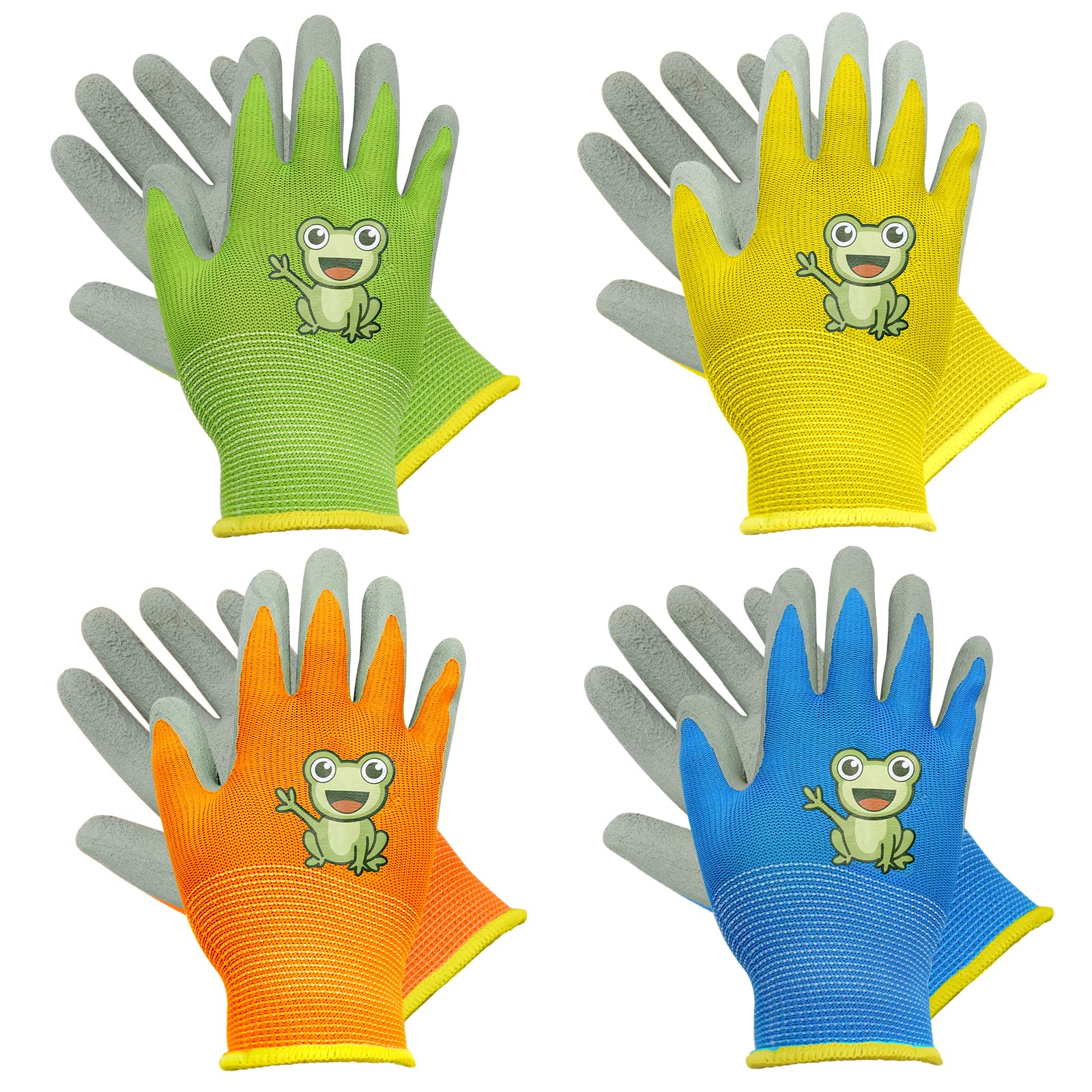 VEGCOO 4 Pairs Kids Gardening Gloves, Thickened Childrens Gardening Gloves Patterns Wear-resistant Non-slip for Boys Girls Camping, Gardening, Small Pet Raising (Frog, M, 5-7 years old)
