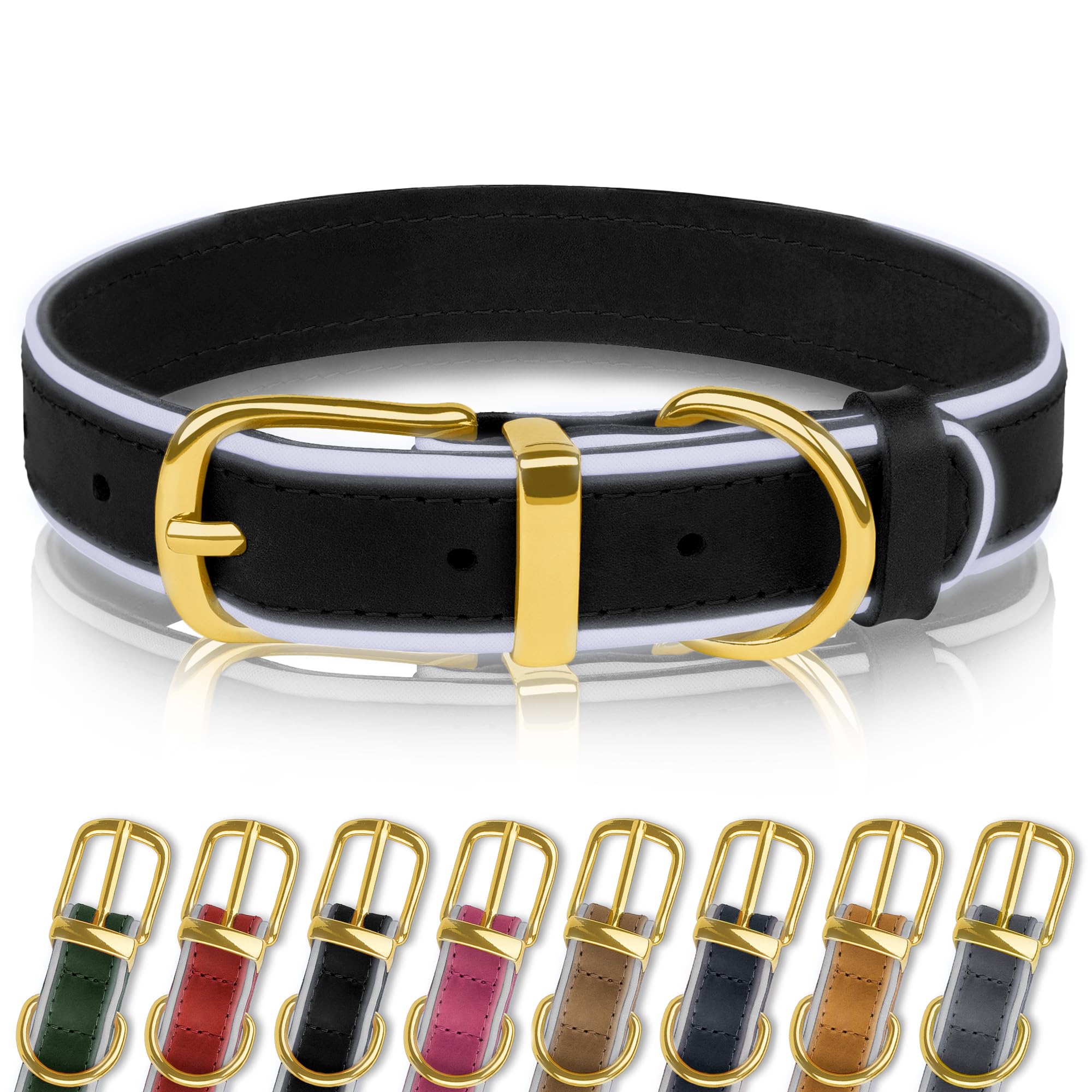 OOPSDOGGY Reflective Geniune Leather Dog Collar Soft Padded Collars for Small Medium Large Breed Dogs Puppy, 4 Sizes, 8 Colors (Black, 12"-15")