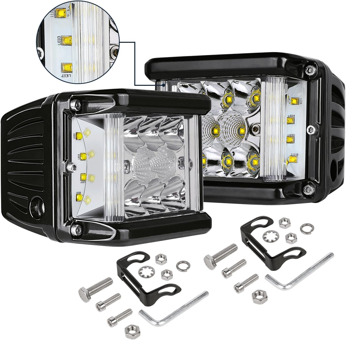 Side Shooters LED Pods, SWATOW 4x4 2pcs 96W 4 inch Triple Row OSRAM Dual Side Cubes Off Road LED Work Light Spot Flood Combo Beam Driving Fog Light for Truck ATV SUV UTV Boat