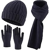 Connectyle 3 PCS Fleece Lined Cold Weather Set, Warm Winter Beanie Hat, Long Scarf and Touchscreen Gloves for Men & Women