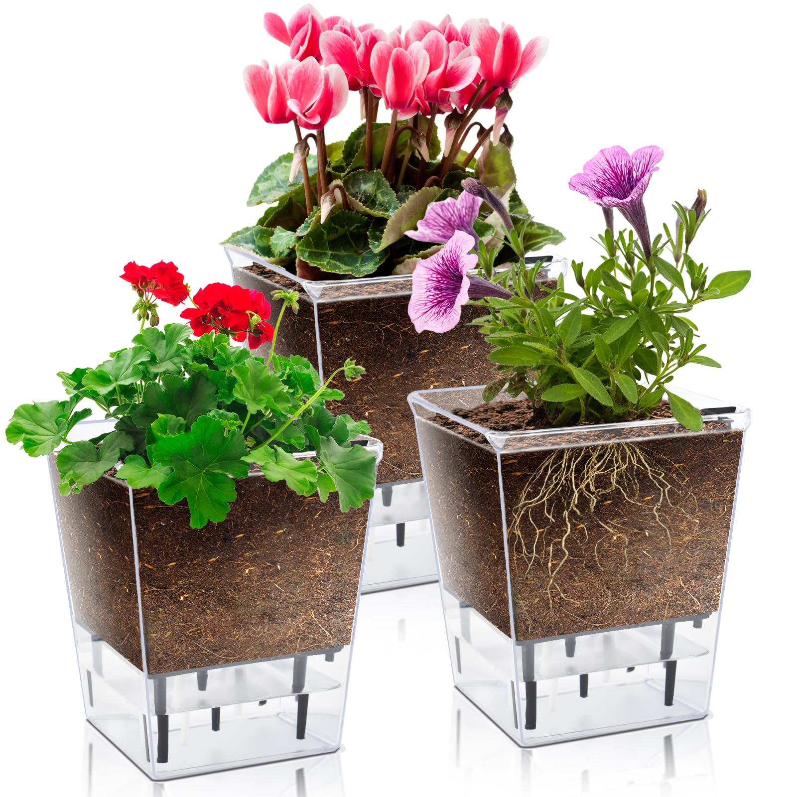 Photo 1 of IWNTWY Self Watering Pots Set, 3 Pack Self Watering Pots for Indoor Plants, Clear Planter Pot with Deep Reservoir for Spider Plant, Orchid, African Violet (Clear, 3 Medium)