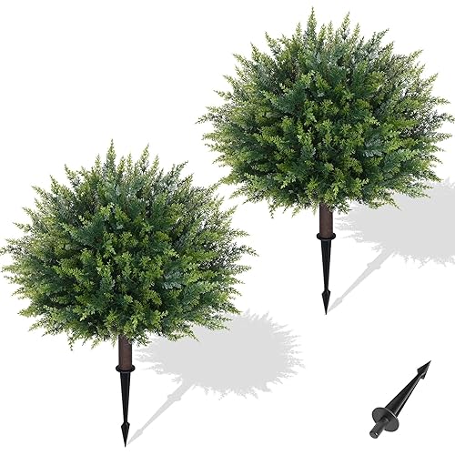 Waipfaru Artificial Plants Outdoor, 2Pcs 23'' Artificial Cedar Topiary with Ground Spike, UV-Resistant Fake Plants Fake Bushes for Christmas Outdoor Indoor Garden Front Porch Decor