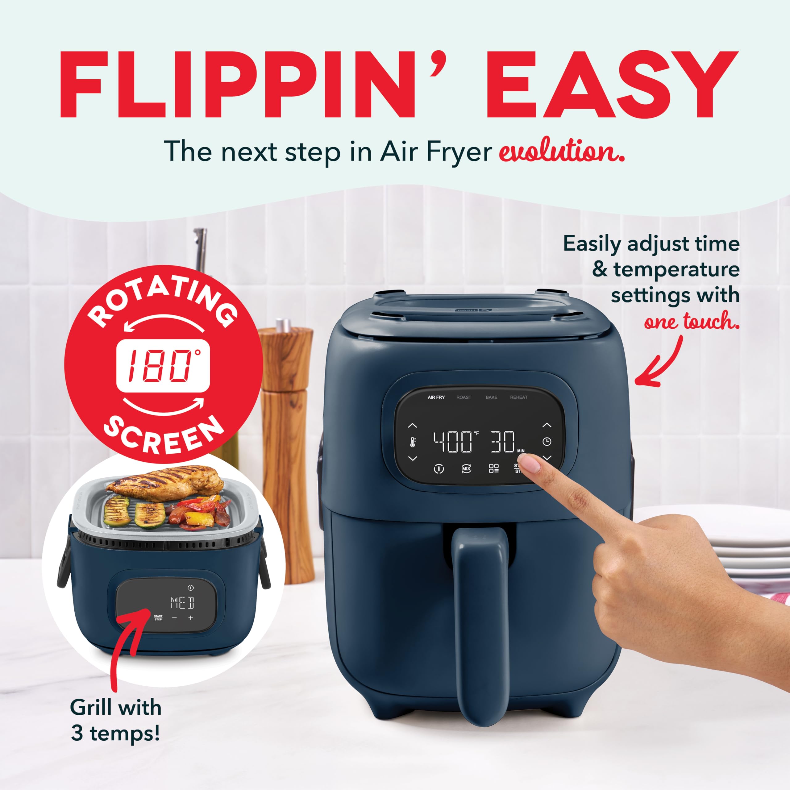 Dash Flip & Fry™ Parrilla digital 2 en 1 + freidora de aire con 4 funciones, capacidad de 3 cuartos, freidora de aire y parrilla interior para papas fritas, alitas, hamburguesas y más - Azul marino