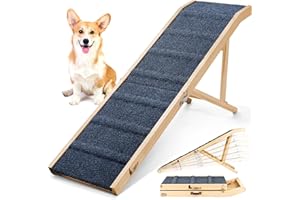 TSUKIKO 𝟐𝟎𝟐𝟓 𝐔𝐩𝐠𝐫𝐚𝐝𝐞𝐝 Dog Ramp for Bed, 64" Long Foldable Pet Ramp for Small Large Dogs, Dog Ramps for High Beds Car, High Traction with Platform 6 Adjustable Heights 24" to 30" Up to 220LBS, Wood